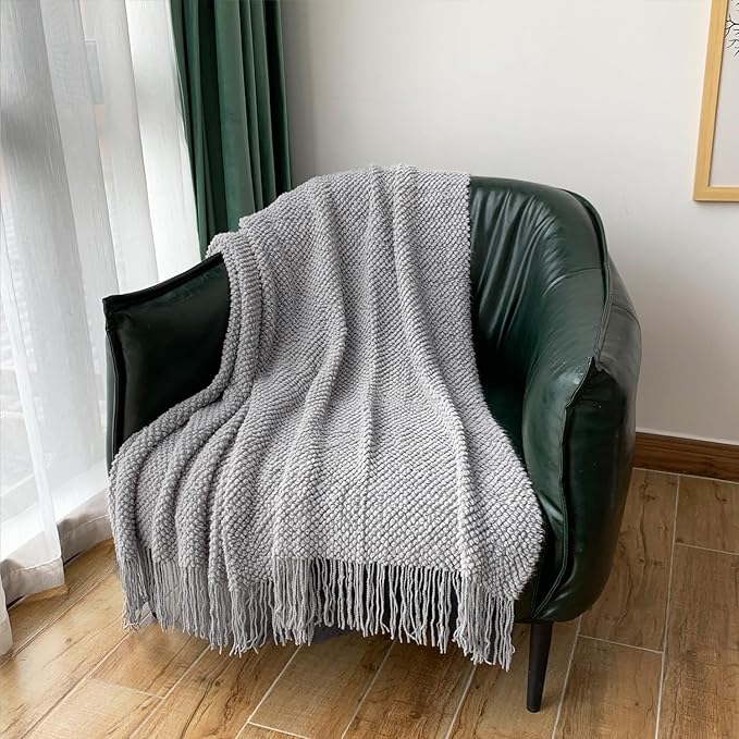 LOMAO Knitted Throw Blanket with Tassels Bubble Textured Lightweight Throws for Couch Cover Home Decor (Light Grey, 60x80)
