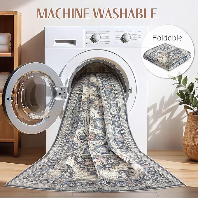 Washable Rug 7x9 Area Rugs: Boho Vintage Distressed Oriental Medallion Neutral Thin Large Rug Carpet for Living Room Bedroom Dining Room Home Office Decor - Blue