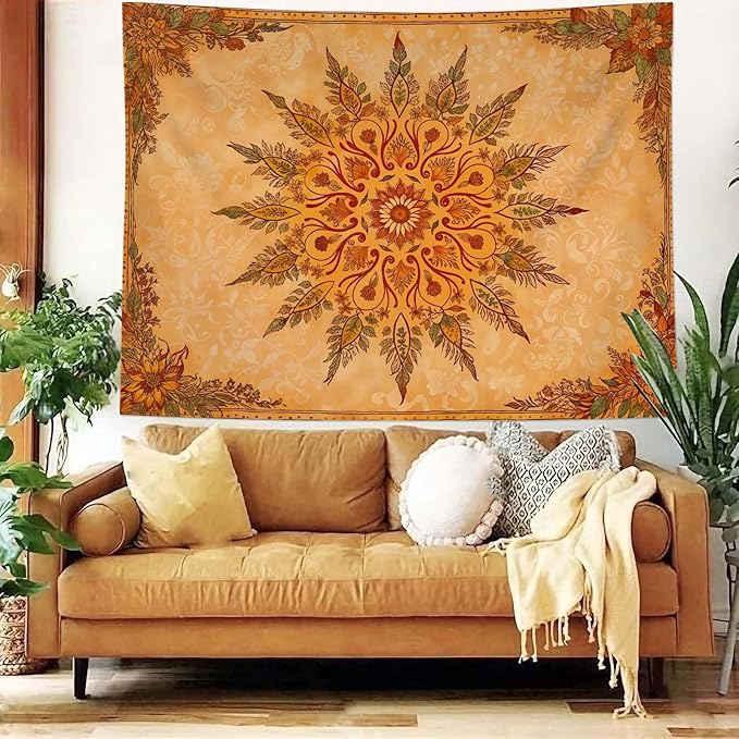 Accnicc Boho Mandala Floral Tapestry Vintage Bohemian Indian Tapestries for Bedroom Aesthetic Retro Orange Yellow Flower Tapestry Wall Hanging for Dorm Living Room Decor 60 x 44 Inch