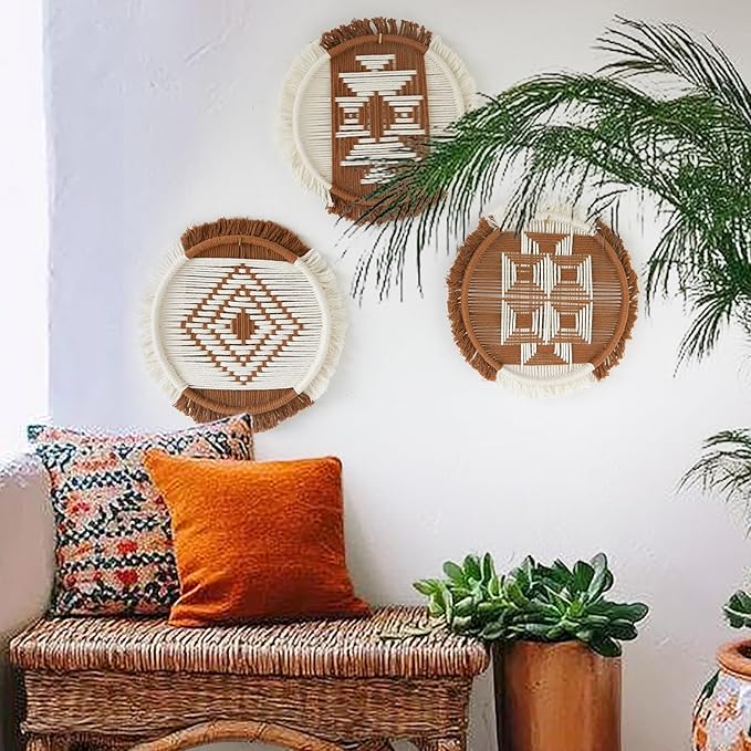 Flber Macrame Wall Hanging Boho Decor Set of 3 – Handmade Round Geometric Woven Cotton Rope Art for Living Room, Bedroom, Entryway or Bohemian Wall Display