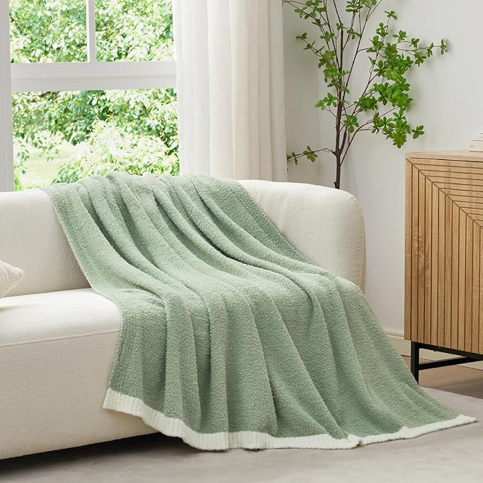 Snuggle Sac Sage Green Throw Blanket for Couch Bed Sofa 60x80 inches, Reversible Sage Green Blanket Microfiber Fluffy Fuzzy Cozy Knit Twin Blanket for Women Mothers Birthday Gifts