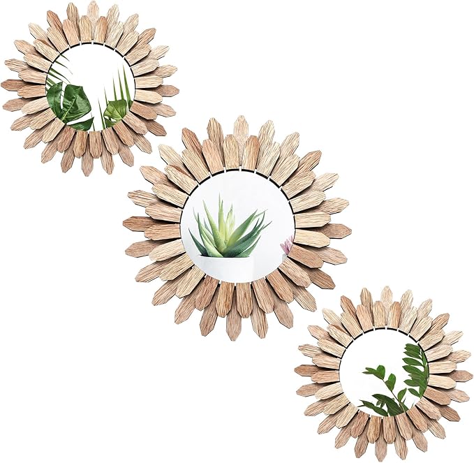 3 Pack Gold Sunburst Mirrors for Wall Decor Circle Flowers Mirrors Decorative Gold Hanging Wall Art Flowers Mirror for Home Living Dinning Room Bedroom Bathroom Boho Decoration Art (Flower)