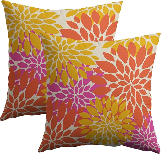 Yellow Orange Pink Pillow Covers 18X18 Inch Set of 2, Spring Summer Modern Geometry Dahlia Floral Print Decorative Throw Pillow Covers Outdoor Farmhouse Cushion Case for Couch Sofa Bed Decor