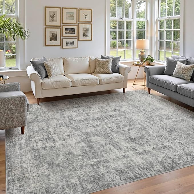 6x9 Area Rugs for Living Room Bedroom, Large Washable Rug, Grey Vintage Abstract Boho Rug, Non Slip & Low Pile Faux Wool Carpet for Indoor Dining Room, Farmhouse and Kids Room(Grey 6x9ft)