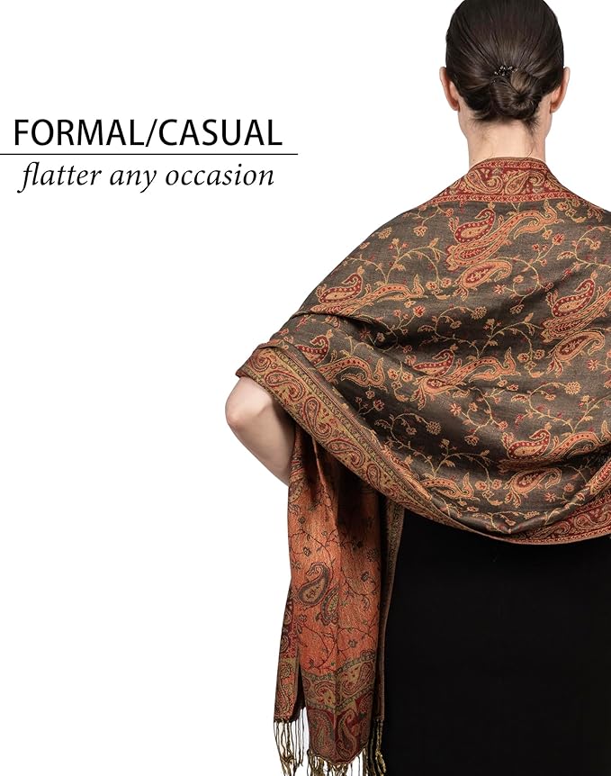 Achillea Reversible Paisley Pashmina Rave Scarf – Exotic Indian Shawls and Wraps for Evening Dresses, Festivals, All Seasons