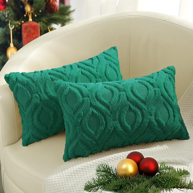 decorUhome Cozy Textured Throw Pillow Covers 12x20 Inch Set of 2, Soft Plush Faux Wool Green Accent Couch Pillow Covers for Modern Farmhouse Sofa Bed Living Room