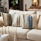 Aeckself Boho Chenille Tufted Throw Pillow Covers 18x18 Inch Set of 2, Farmhouse Decorative Striped Square Pillow Covers Accent Neutral Pillowcase for Living Room Couch Bed, Blue