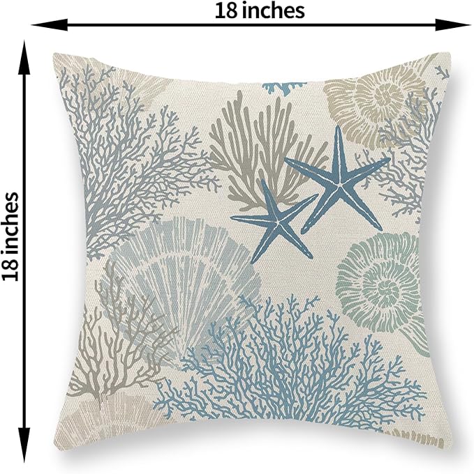 Nautical Coastal Pillow Covers 18x18 Set of 2 Blue Beach Themed Ocean Seashell Coral Starfish Throw Pillows Summer Outdoor Decorative Pillow Cases Linen Cushion Case for Home Bedroom Decor