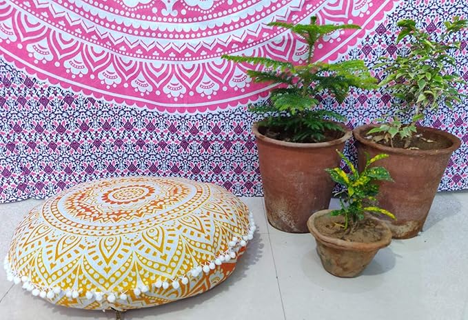 INDIAN CRAFT CASTLE 24" Yellow Ombre Mandala Barmeri Large Floor Pillow Cover Cushion Meditation Seating Ottoman Throw Cover Hippie Decorative Zipped Bohemian Pouf Ottoman Pom Pom Cases 24" Round