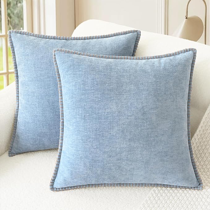CaliTime Throw Pillow Covers Decorative 18 X 18 Inches Pack of 2 Cotton Thread Stitching Edges Solid Dyed Soft Chenille Cushion Cases for Couch Sofa Bed Living Room Farmhouse Baby Blue