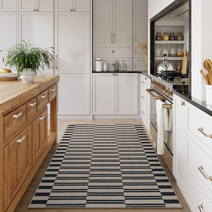 Lahome Elance Striped Easy Jute Rug, 3x5 Outdoor Patio Porch Rug Washable Rugs for Entryway, Indoor Outdoor Living Room Carpets, Farmhouse Neutral Non Slip Black Carpet for Backyard Bedroom RV