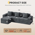 WLIVE 110'' Cloud Sectional Couches for Living Room, Modular Boneless Couch with Right Facing Chaise, L Shape Memory Foam Corduroy, with Ottoman, Grey
