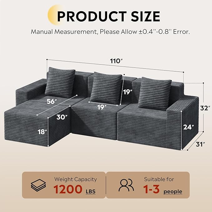 WLIVE 110'' Cloud Sectional Couches for Living Room, Modular Boneless Couch with Right Facing Chaise, L Shape Memory Foam Corduroy, with Ottoman, Grey