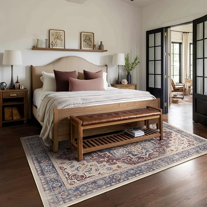 Maroon Blue 5x7 Area Rugs for Living Room, Transitional Distressed Washable Non Slip Bedroom Rug, Modern Vintage Medallion Low Pile Thin Carpet Rugs for Den/Dining Room/Kitchen/Home Office