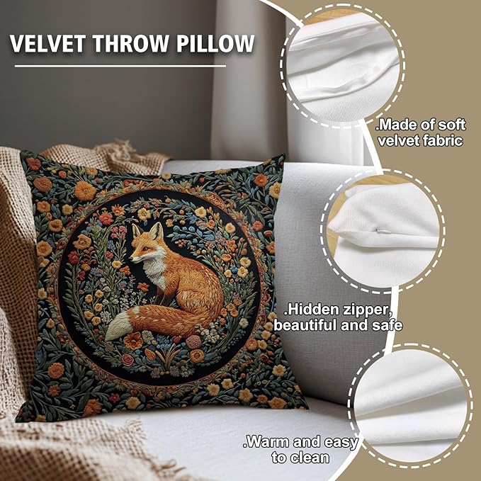 YOU FOUND ME William Morris Abstract Vintage Floral Velvet Fox Design Throw Pillow Covers Home Decor, Retro Art Decor Pillowcase Cushion Cover for Bed Sofa Living Room, Square 18x18inch (Fox)