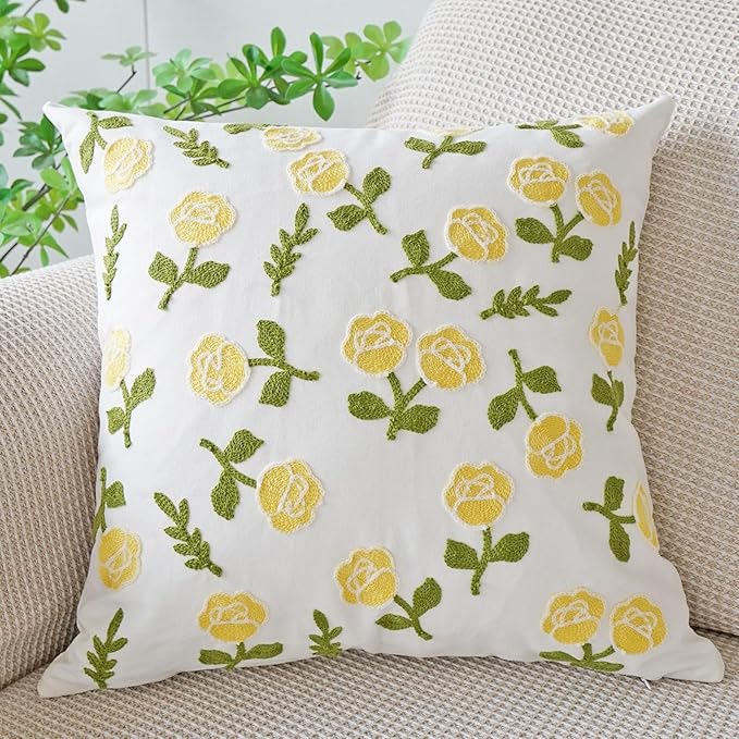 vctops Yellow Rose Embroidered Decorative Throw Pillow Cover Spring Summer Floral Square Pillow Cases Garden Cotton Cushion Cover for Couch Sofa Bed (Flower D,18"x18")