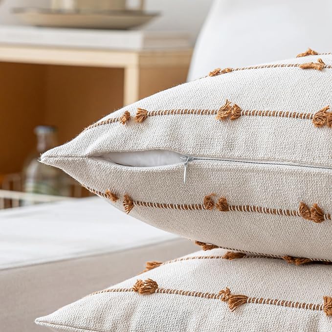 Boho Throw Pillow Covers 26x26 Set of 2 Modern Farmhouse Decorative Cushion Case Tufted Square Pillows Cover Neutral Pillow Cases Accent Pillowcase for Sofa,Couch,Bed,Beige and Brown