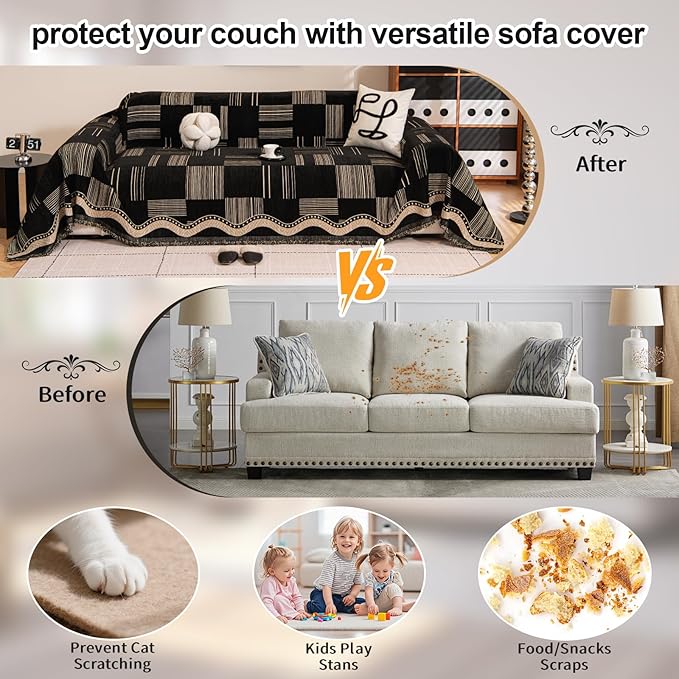 ROOMLIFE Dark Coffee Sofa Cover, Vintage Boho Couch Cover for 3 Cushion Sofa, Non Slip Chenille Sofa Slipcovers for Dog, Washable Furniture Sofa Protector Cover with Tassel for Living Room, 71''X118”