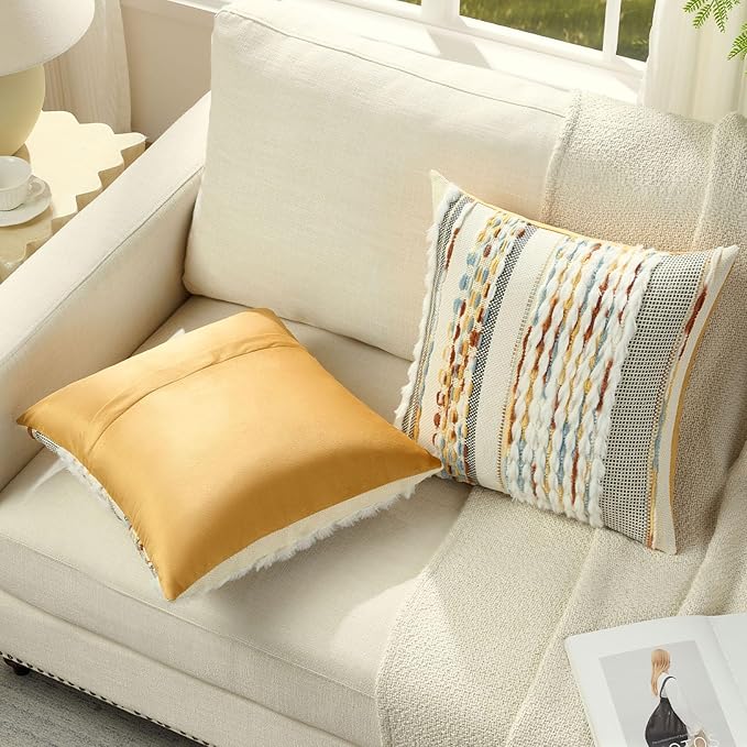 FUTEI Rust Blue Yellow Accent Throw Pillow Covers Set of 2, 20x20 Inch Plush Tufted Striped Textured Decorative Cushion Cases for Farmhouse Boho Couch Decor
