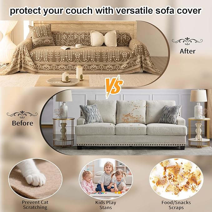 ROOMLIFE Couch Cover Boho Sofa Covers for 3 Cushion Couch Washable, Furniture Protector Sofa Couch Cover for Dogs, Soft Breathable Sofa Slipcover, Couch Throw Blankets with Tassels 71''X118''