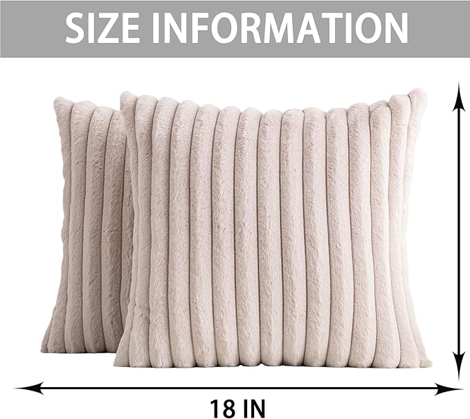 Pack of 2 Faux Fur Christmas Throw Pillow Covers 18x18 Inch, Soft Plush Striped Neutral Couch Pillow Cover, with Velvet Back Modern Home Decor for Sofa Living Room Couch Bed Light Grey
