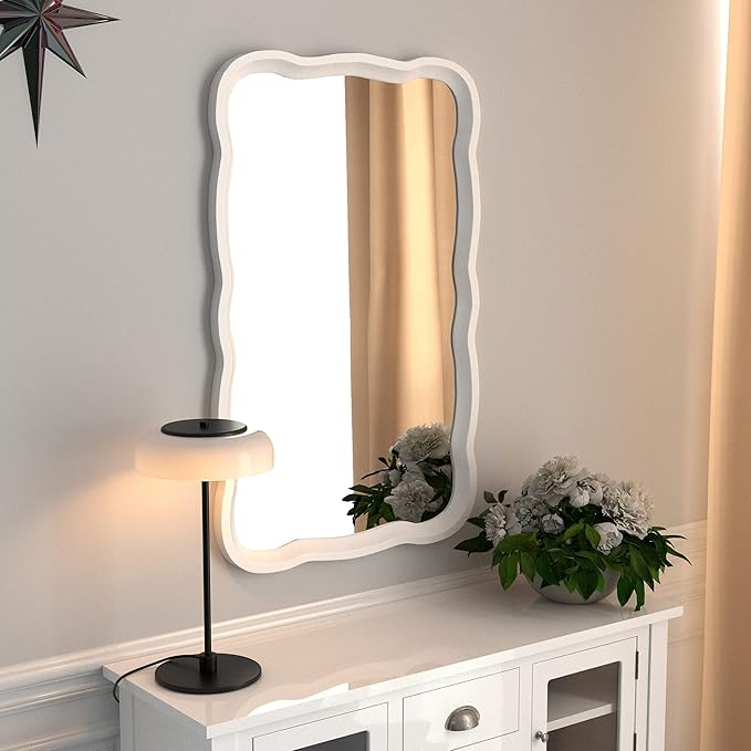 COZAYH Rustic Farmhouse Wall Mirror, 23.5” x 38” Rectangular Decorative Wall Mounted Mirror with Distressed Wood Frame & Curved Scallop Detail, White