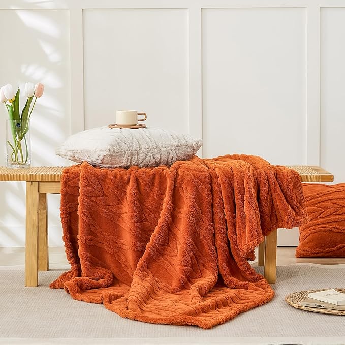 YUSOKI Sherpa Large Throw Blanket Single Layer,Light Weight(1.7lb),370GMS-3D Stylish Design for Gift Home Decor (Burnt Orange,50"x65")