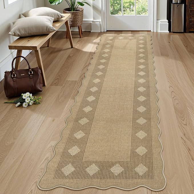 LIVEBOX Easy Jute Diamond Runner Rug for Kitchen, Scalloped Washable 2x8 Tan Rugs for Hallway Entryway, Geometric Checkered Indoor Outdoor Non Slip Rug Farmhouse Carpet Area Rugs for Porch Floor Mat