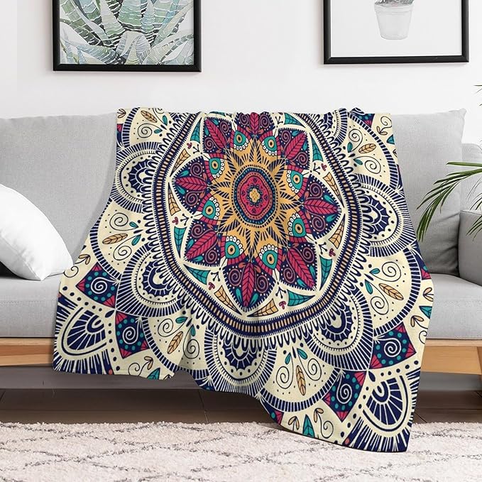 Abstract Mandala Throw Blanket Indian Hippie Bohemian Art Floral Texture Pattern Blanket for Sofa Bed Couch Chair Or Dorm 40"x50"