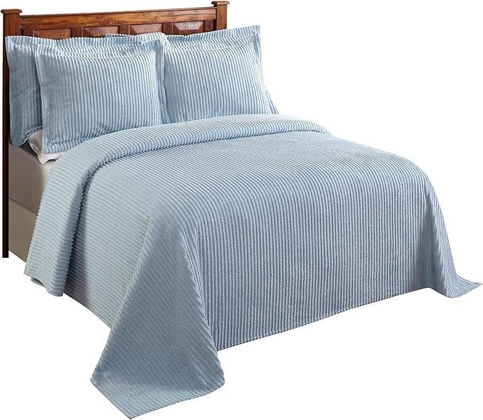 Better Trends Chenille Bedspreads Twin Size, Blue 100% Cotton Chenille Stripe Design Tufted Bedding Coverlet Soft Lightweight, 96"x110" with 1 PC Sham 2 Pieces Set Jullian Collection