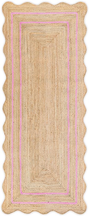 Wave Scalloped Natural Jute Rug - Boho Entryway Runner, Farmhouse Scallop, Light Pink (2'x8')