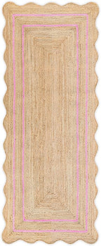 Wave Scalloped Natural Jute Rug Boho Jute Rug Entryway Runner Rug Farmhouse Scallop Rug, Light Pink (2'6"x12')