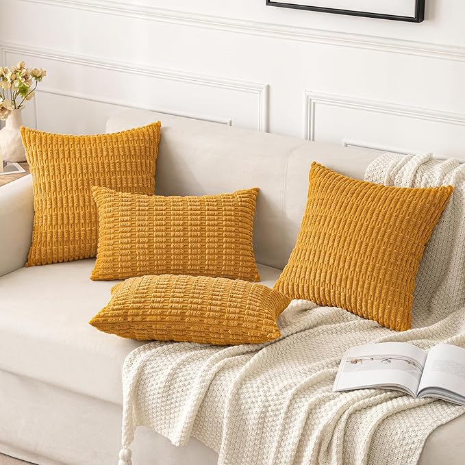 MIULEE Pack of 2 Corduroy Decorative Throw Pillow Covers 16x16 Inch Soft Boho Striped Pillow Covers Modern Farmhouse Home Decor for Summer Sofa Living Room Couch Bed Gold Yellow