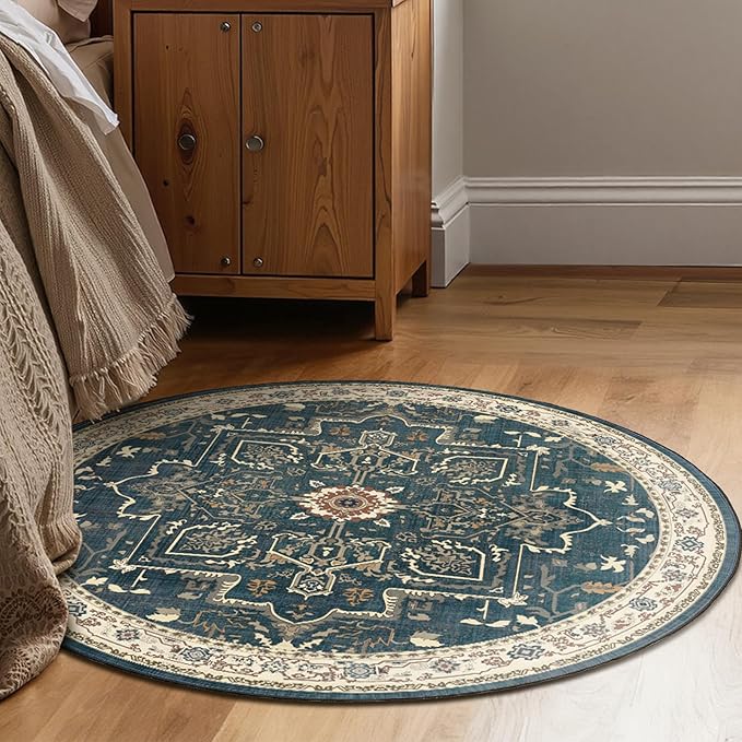 Deep Blue Round Rugs 5ft, Non Slip Washable Thin Circle Rugs for Bedroom Living Room, Traditional Medallion Printed Circle Carpet 5 feet for Kitchen Dining Room