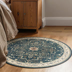 Deep Blue Round Rugs 5ft, Non Slip Washable Thin Circle Rugs for Bedroom Living Room, Traditional Medallion Printed Circle Carpet 5 feet for Kitchen Dining Room