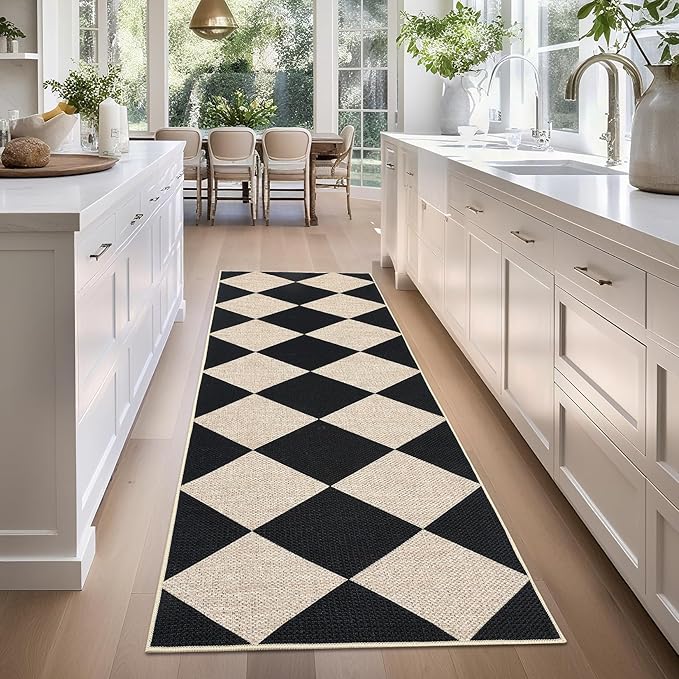 GarveeHome Easy Jute Rugs 2x8 Checkered Kitchen Runner Rugs Non Skid Washable Stain Resistant Indoor Outdoor Rugs for Living Room, Bedroom, Dining, Patio - Farmhouse Style Black