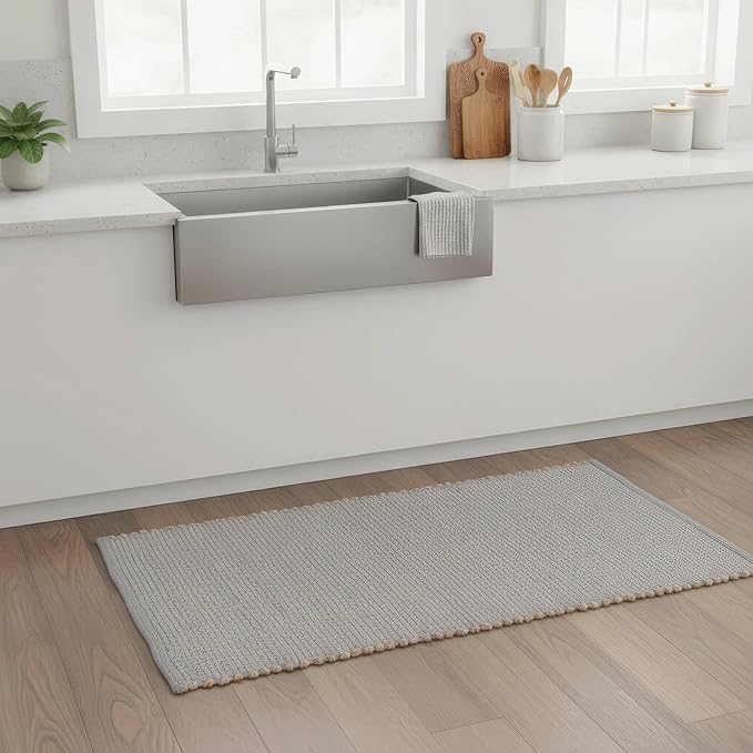 Light Gray 20"x30" Handwoven Jute Cotton Mat – Reversible Natural Fiber Rug for Entryway, Bathroom, or Kitchen
