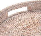 Coffee Table Tray Round Rattan Ottoman Tray Woven Serving Trays with Handles for Home and Kitchen Decorative White (Large 14 inch x 2.4 inch)
