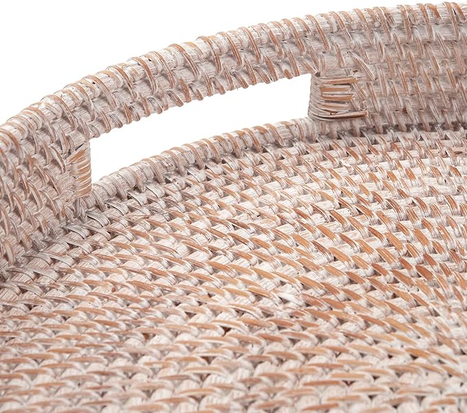 Coffee Table Tray Round Rattan Ottoman Tray Woven Serving Trays with Handles for Home and Kitchen Decorative White (Large 14 inch x 2.4 inch)