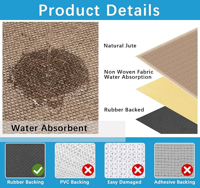 6ft Natural Jute Hallway Runner Rug Non Slip Washable, Rubber Backed Long Khaki Indoor Entryway Runner, Absorbent Kitchen Carpet Sink Rug