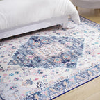 Amearea Vintage Design Area Rugs for Living Room, 5x8 Machine Washable Floral Collection Traditional Bedroom Rug, Low Pile Cute Kids Room Print Carpet, No Slip Office Kitchen Home Decor, Blue