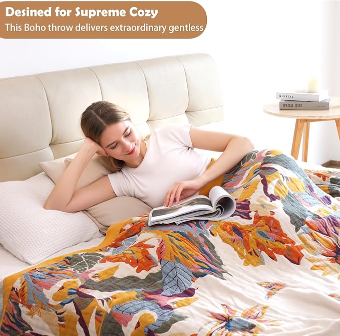 Boho Throw Blanket 60" x 80", 100% Organic Cotton Skin-Friendly Lightweight Ultra Soft Bed Quilt Throw - Spring Floral Butterfly Farmhouse Decor Blanket for Sofa Couch Chair and Gift.