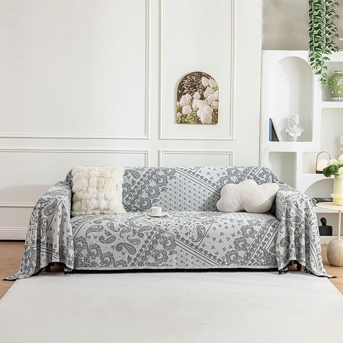 ROOMLIFE Black Couch Covers for Sofa, Sofa Covers Washable Non Slip Furniture Protector Couch Sofa Covers for 3 Cushion Couch, Breathable Sofa Slipcovers Couch Cover Blanket with Tassels 71" X 150"