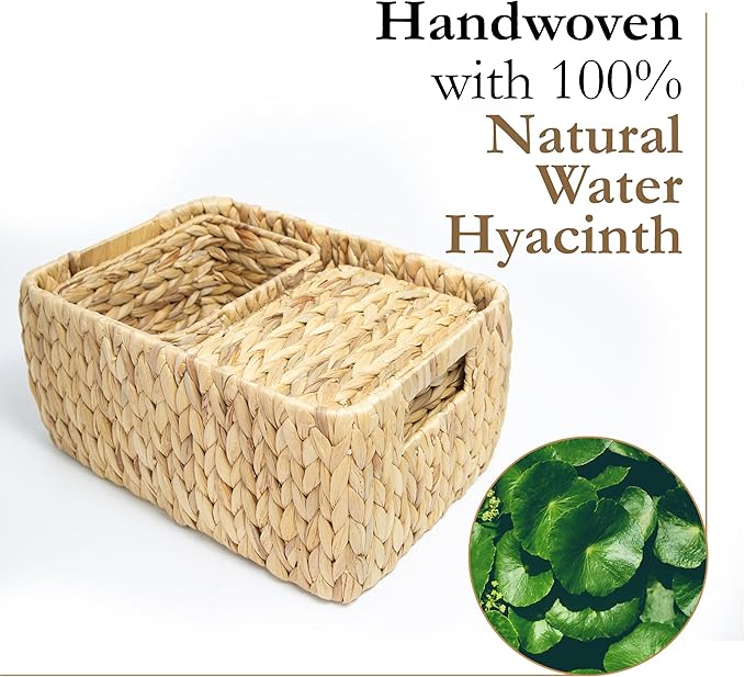 HOMESTEAD Water Hyacinth Storage Baskets, Rectangular Wicker Baskets for Bedroom, Living Room, Bathroom, Shelves - Set of 3