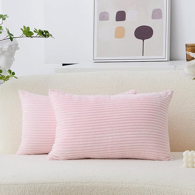 Home Brilliant Pink Lumbar Pillow Cover 12x20 Soft Striped Corduroy Accent Pillows for Bedroom Decorative Pillow Covers for Party, 12 x 20 inch, Blush Pink