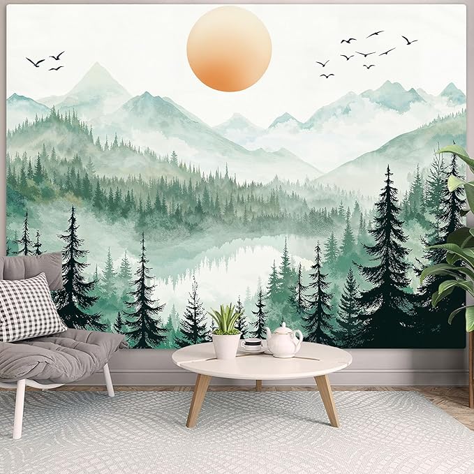 Accnicc Misty Forest Mountain Tapestry Sage Green Nature Pine Tree Wall Tapestry for Bedroom Aesthetic Watercolor Woods Lake Large Tapestries Wall Hanging for Living Room Dorm Decor 80 x 60 Inch