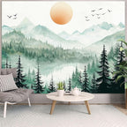 Accnicc Misty Forest Mountain Tapestry Sage Green Nature Pine Tree Wall Tapestry for Bedroom Aesthetic Watercolor Woods Lake Small Tapestries Wall Hanging for Living Room Dorm Decor 48 x 36 Inch