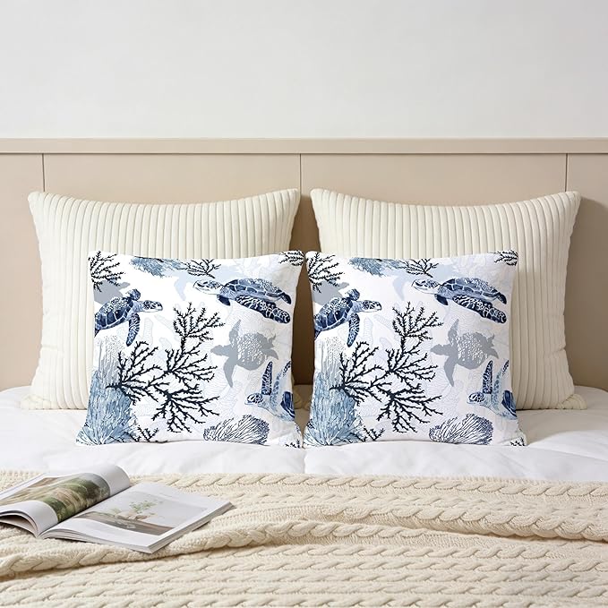 Cute Nautical Blue Pillow Covers Set of 2, Coastal Beach Themed Coral Sea Turtle Navy Decorative Throw Pillows Cases Cushion Cover for Couch Sofa Bedroom Living Room Car, Home Decor, 18x18 Inch, Blue