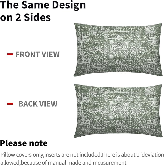 Sage Green Boho Lumbar Pillow Covers 12x20 Inch Bohemian Carpet Pattern Ethnic Pillow Cases for Couch Farmhouse Vintage Geographic Rug Rectangle Pillow Cases for Bed Patio Covers Outdoor Indoor Set 2