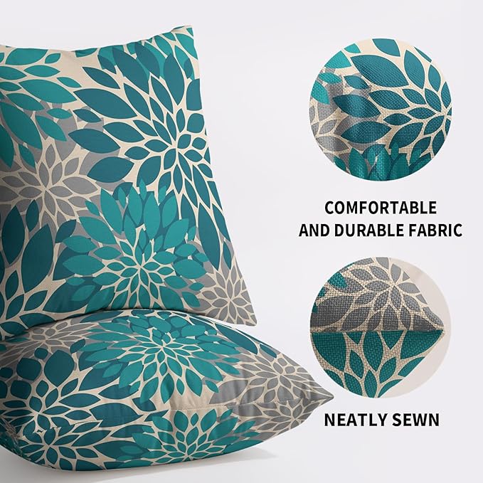 Teal Grey Gray Pillow Covers 22X22 Inch Set of 2, Modern Dahlia Floral Print Decorative Throw Pillow Covers Outdoor Farmhouse Cushion Case for Home Couch Sofa Bed Decoration